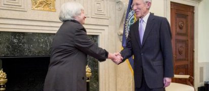 U.S. Federal Reserve Chair Yellen congratulates Fed Vice Chair Fischer at swearing-in ceremony in Washington