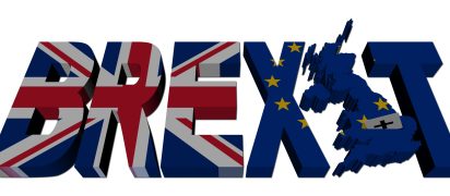 Brexit text with British and Eu flags illustration