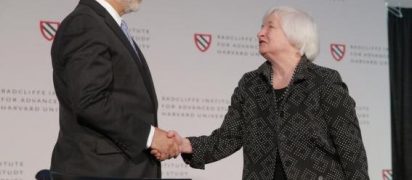 Federal Reserve Chair Janet Yellen is welcomed by former Federal Reserve Chairman Ben Bernanke at Harvard University in Cambridge, Massachusetts